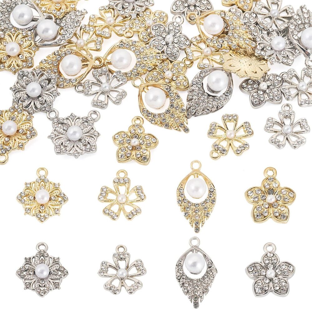 2810 32Pcs Rhinestone Flower Leaf Alloy Dangle Pendants Crystal Cherry
